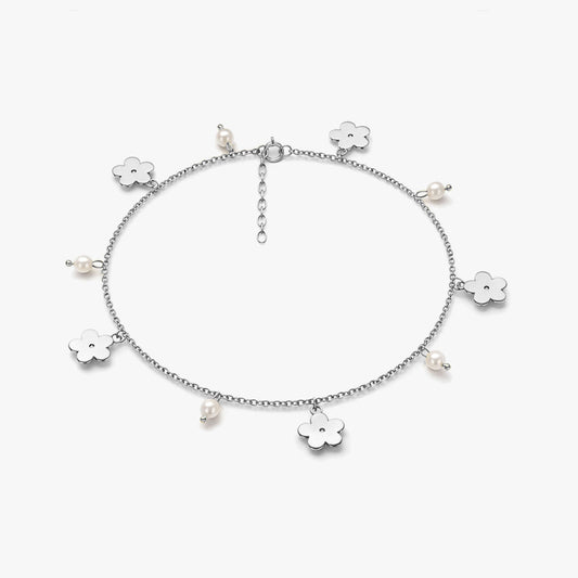 Qemi Silver Floral Pearl Anklet