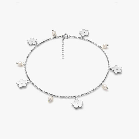 Qemi Silver Floral Pearl Anklet