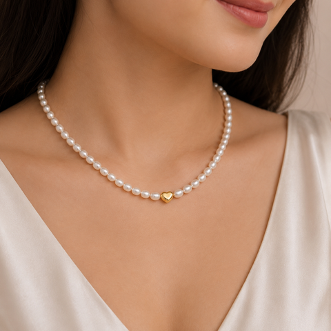 Myna Silver Pearl Heart Necklace