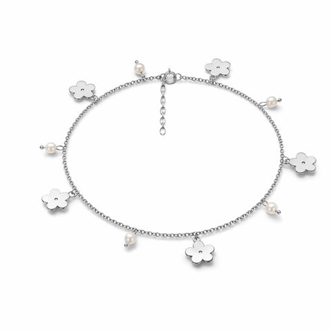 Qemi Silver Floral Pearl Anklet