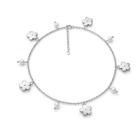 Qemi Silver Floral Pearl Anklet
